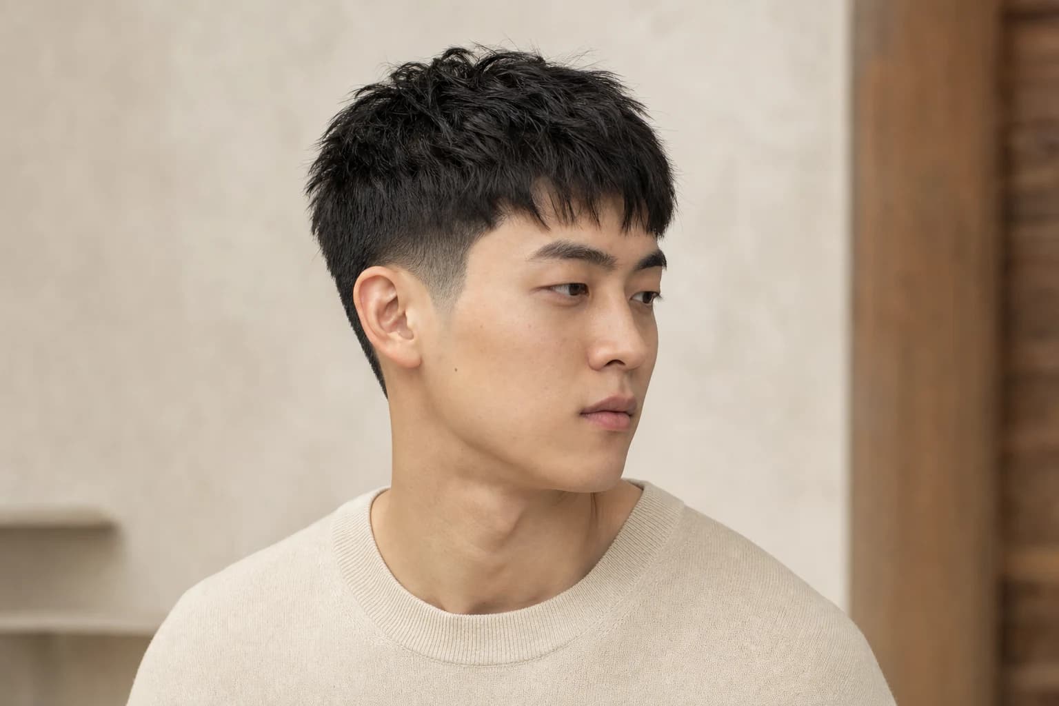 East Asian man with a broken textured fringe and softly faded short sides
