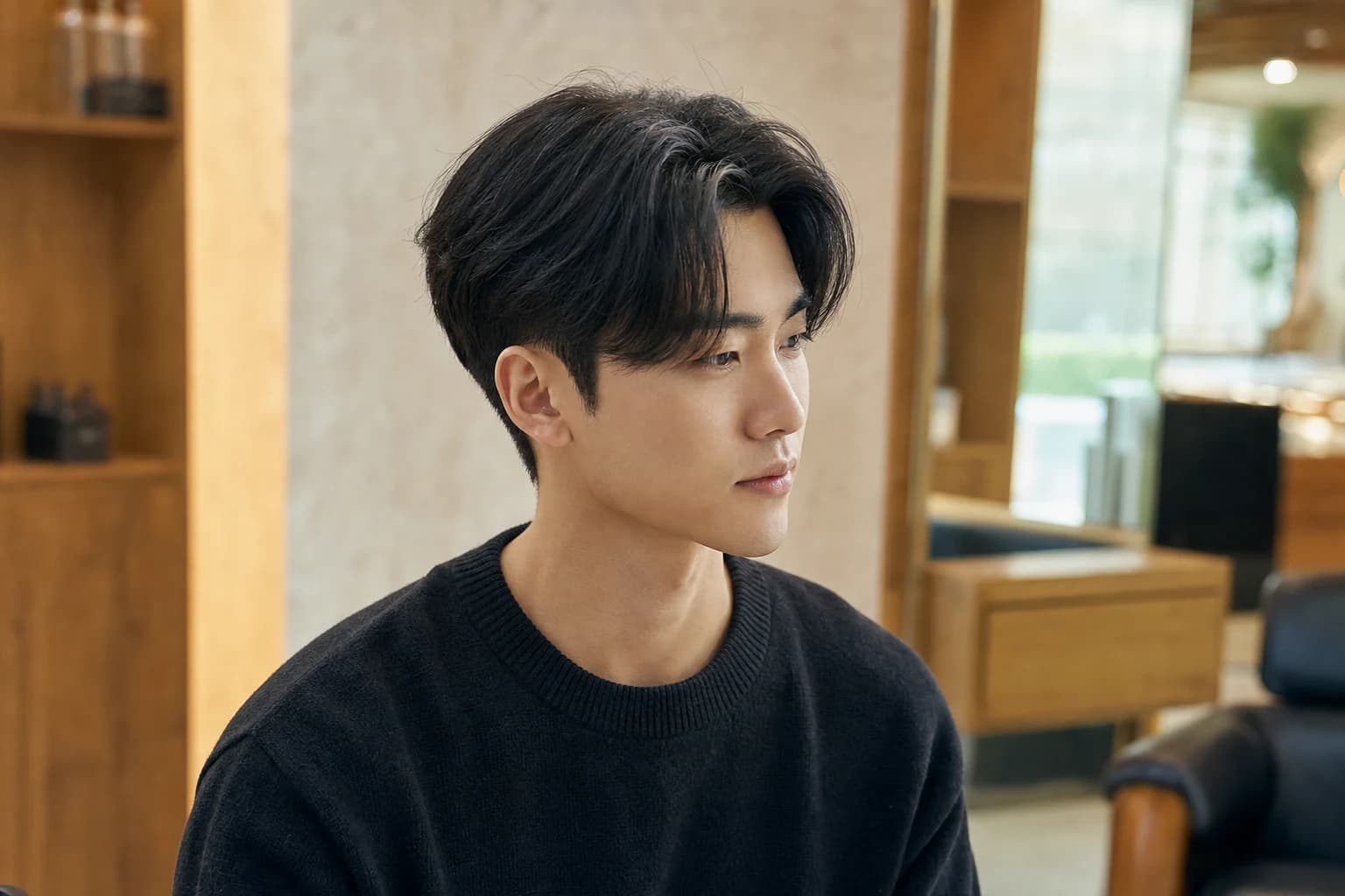 East Asian man with a center-parted two-block haircut in a warm modern salon