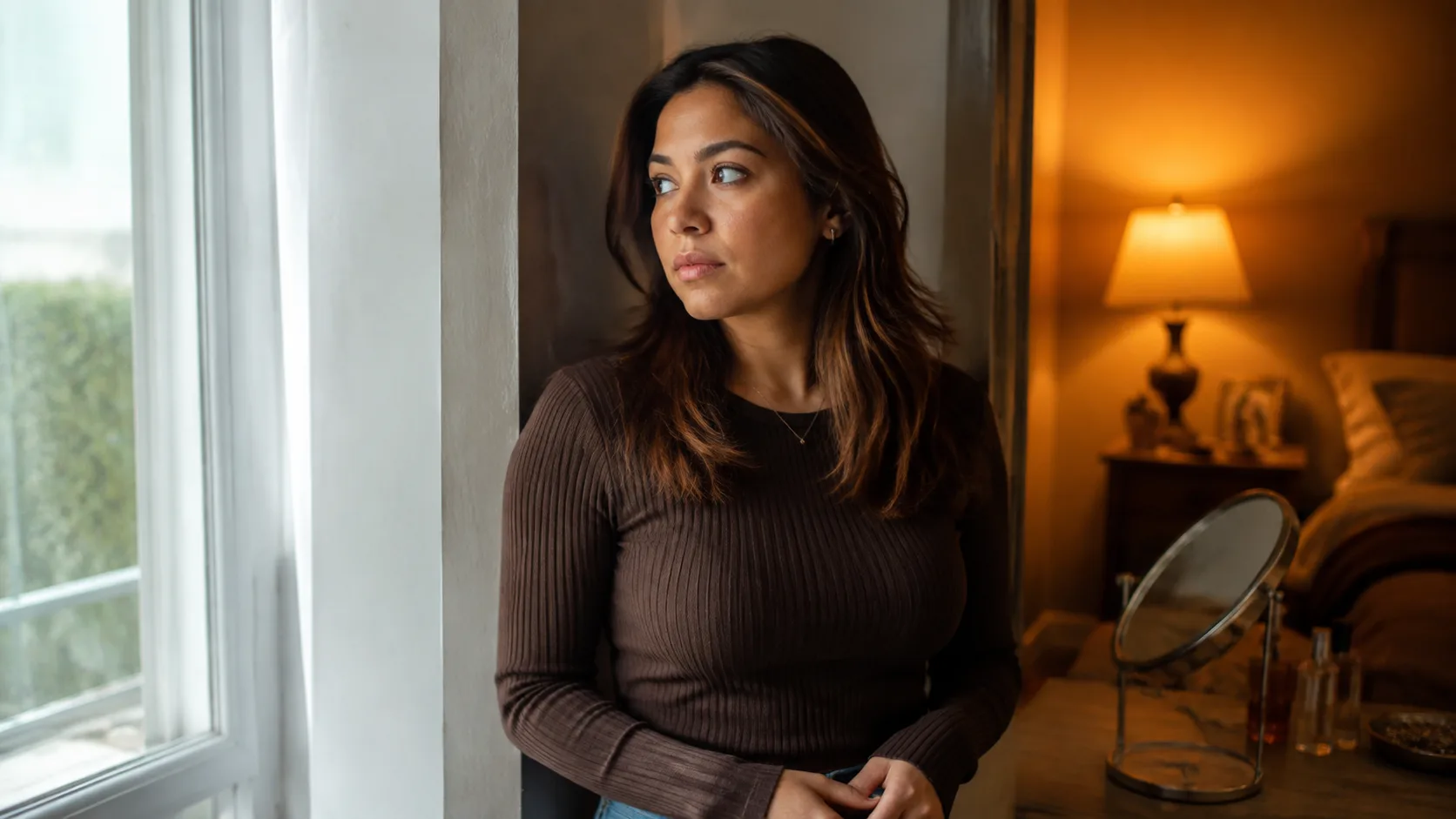 Young woman with auburn-brown hair standing between neutral window light and a warm room lamp to observe changing highlights