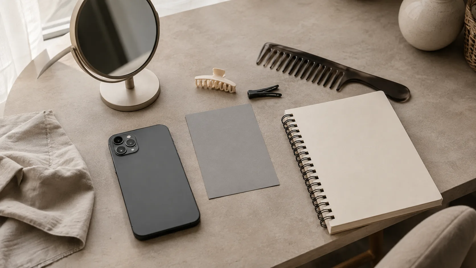 Top-down arrangement of a face-down phone, neutral card, mirror, comb, hair clips, and blank notebook for a controlled hairstyle photo