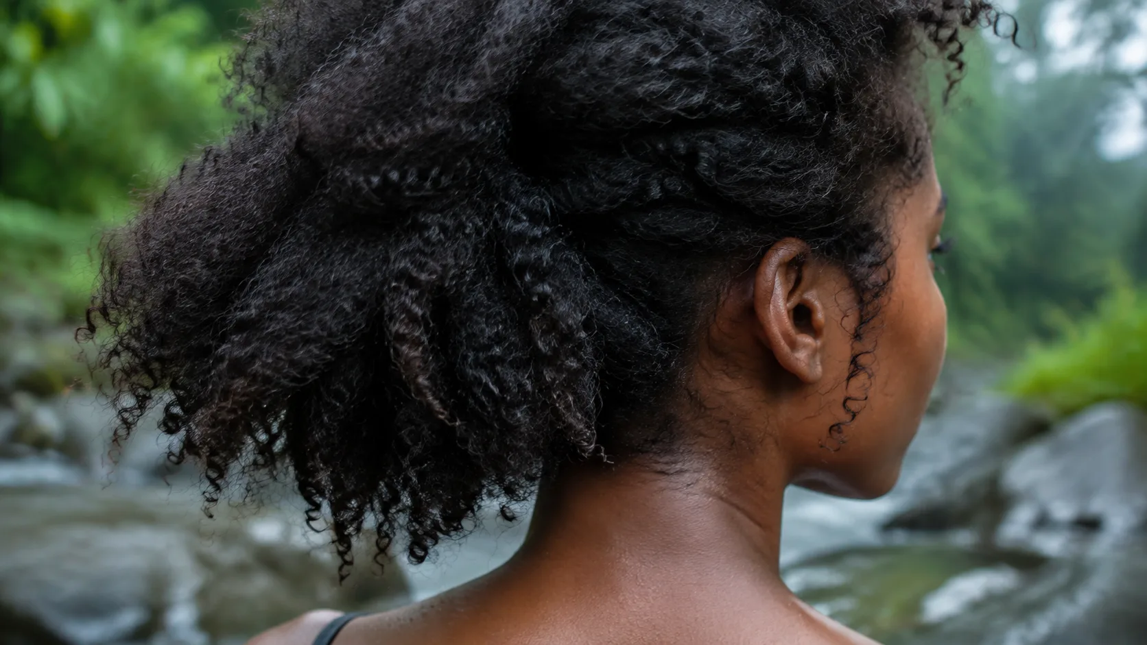 Close rear detail of a young Black woman's natural coily hair showing authentic texture and movement in humid outdoor air