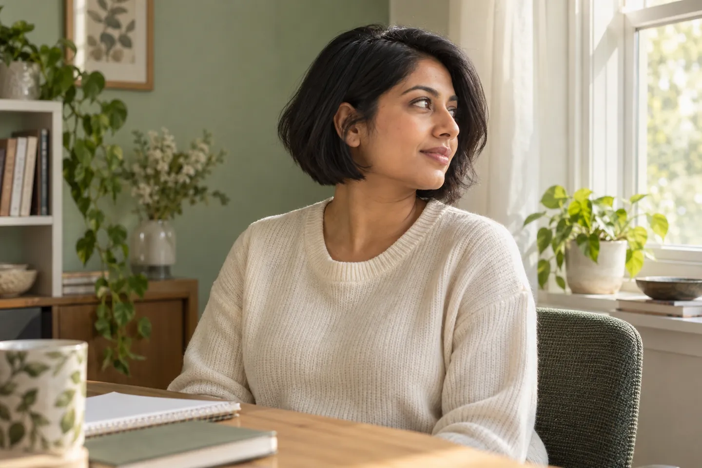 Woman with a soft black asymmetrical bob turning her head toward a window while sitting at a desk
