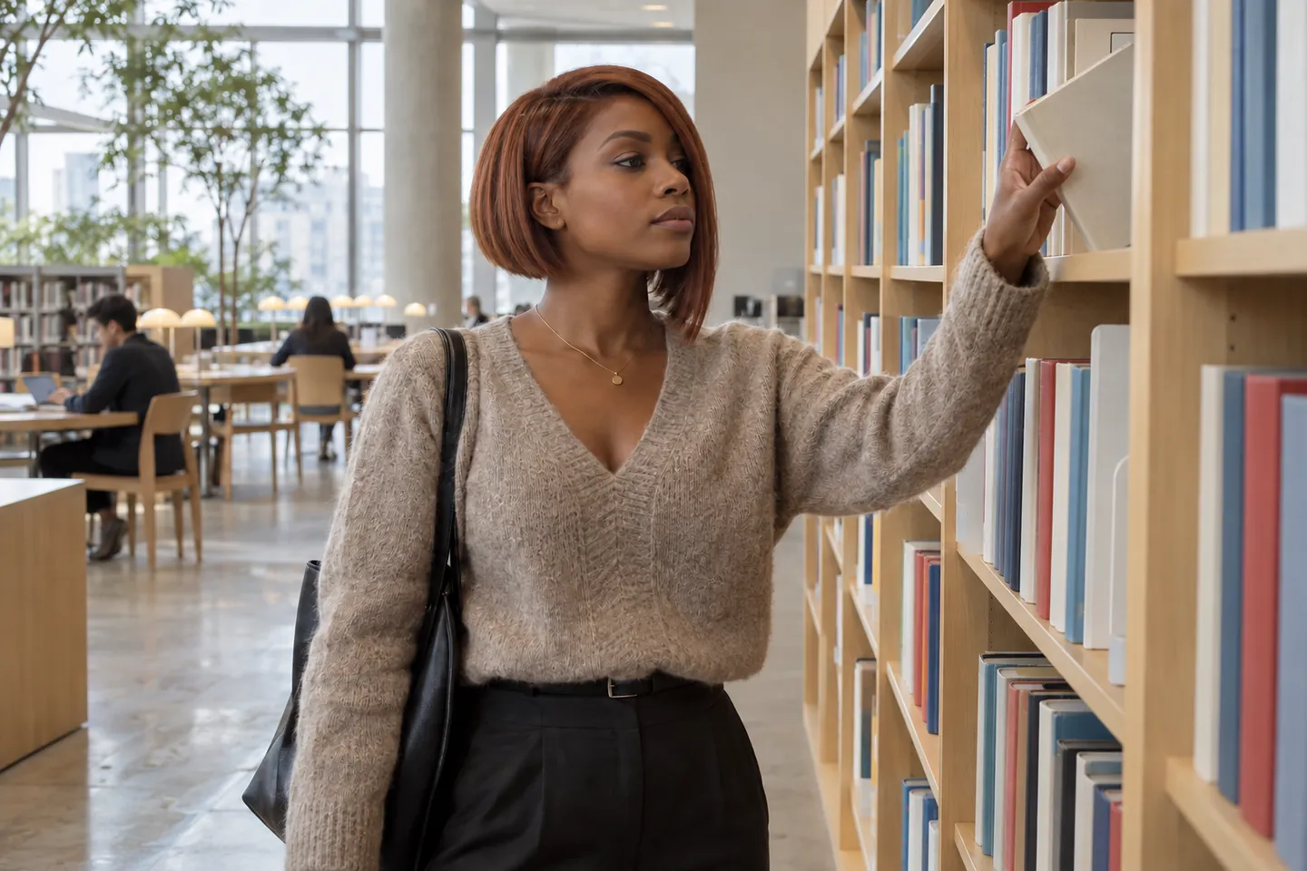 Young woman with a copper asymmetrical bob choosing a plain book in a softly lit library