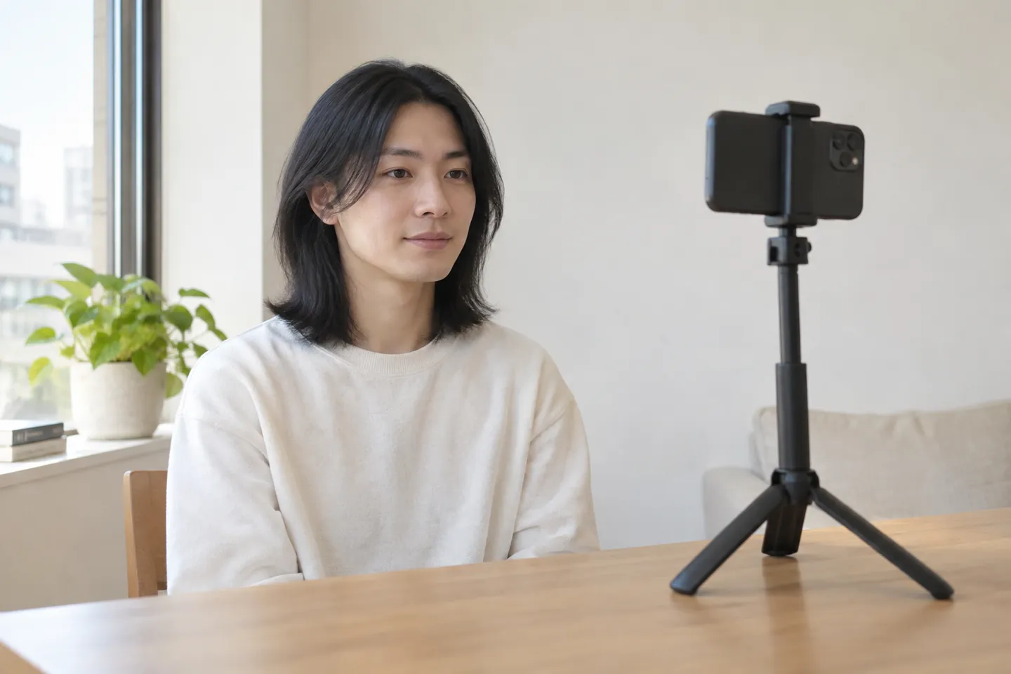 Adult with shoulder-length black hair facing a phone secured at eye height on a table tripod beside a window