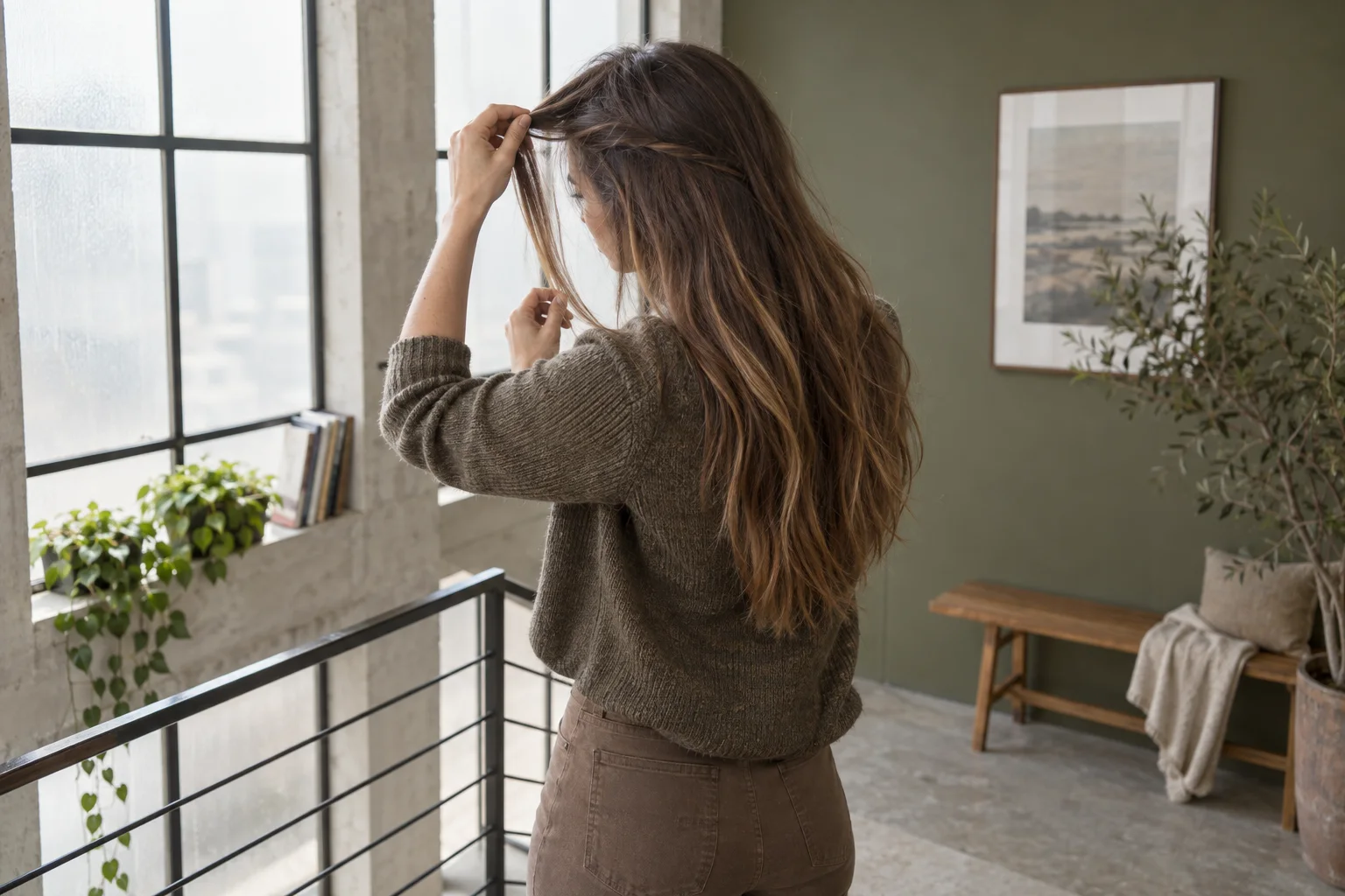 Young woman in a bright loft studies where lighter ribbons begin through her long brown hair