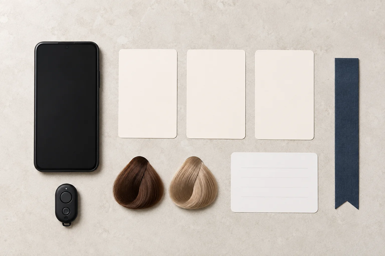 Overhead salon-planning desk with a dark phone, three blank reference cards, hair swatches, ribbon, and a notebook