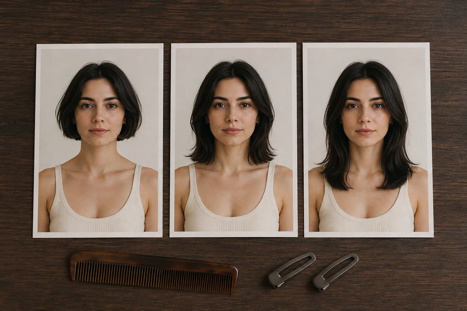 Three printed portraits of the same fictional woman comparing chin, shoulder, and collarbone hair lengths on a walnut table