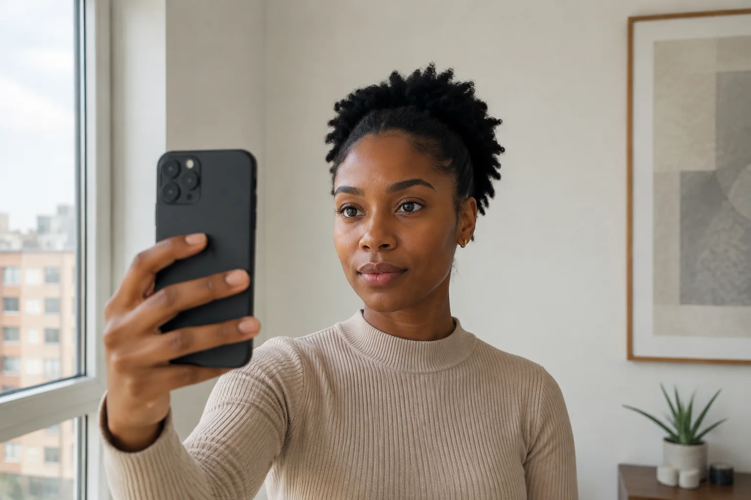 Young Black woman holding a phone at eye level beside a bright window for a clear neutral hairstyle selfie