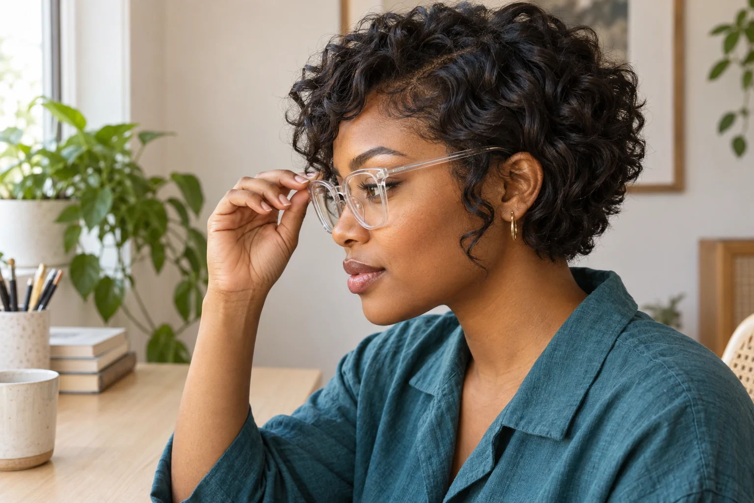 Erwachsene Frau mit kurzem lockigem Bixie setzt ihre transparente Brille neben den Schläfenlocken zurecht