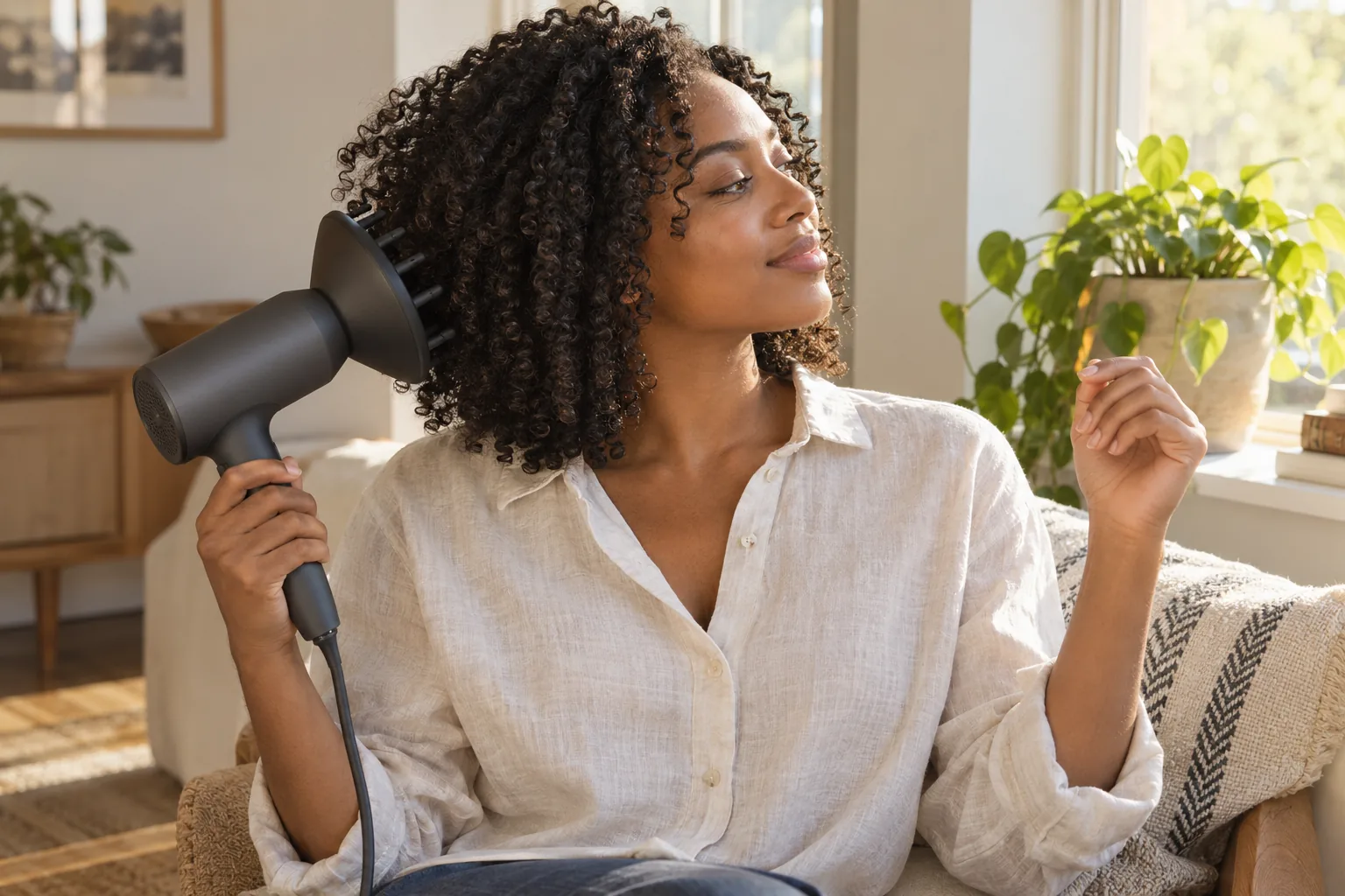 Adult with shoulder-length natural coils holds a broad diffuser beneath the outer curls without pressing against the scalp
