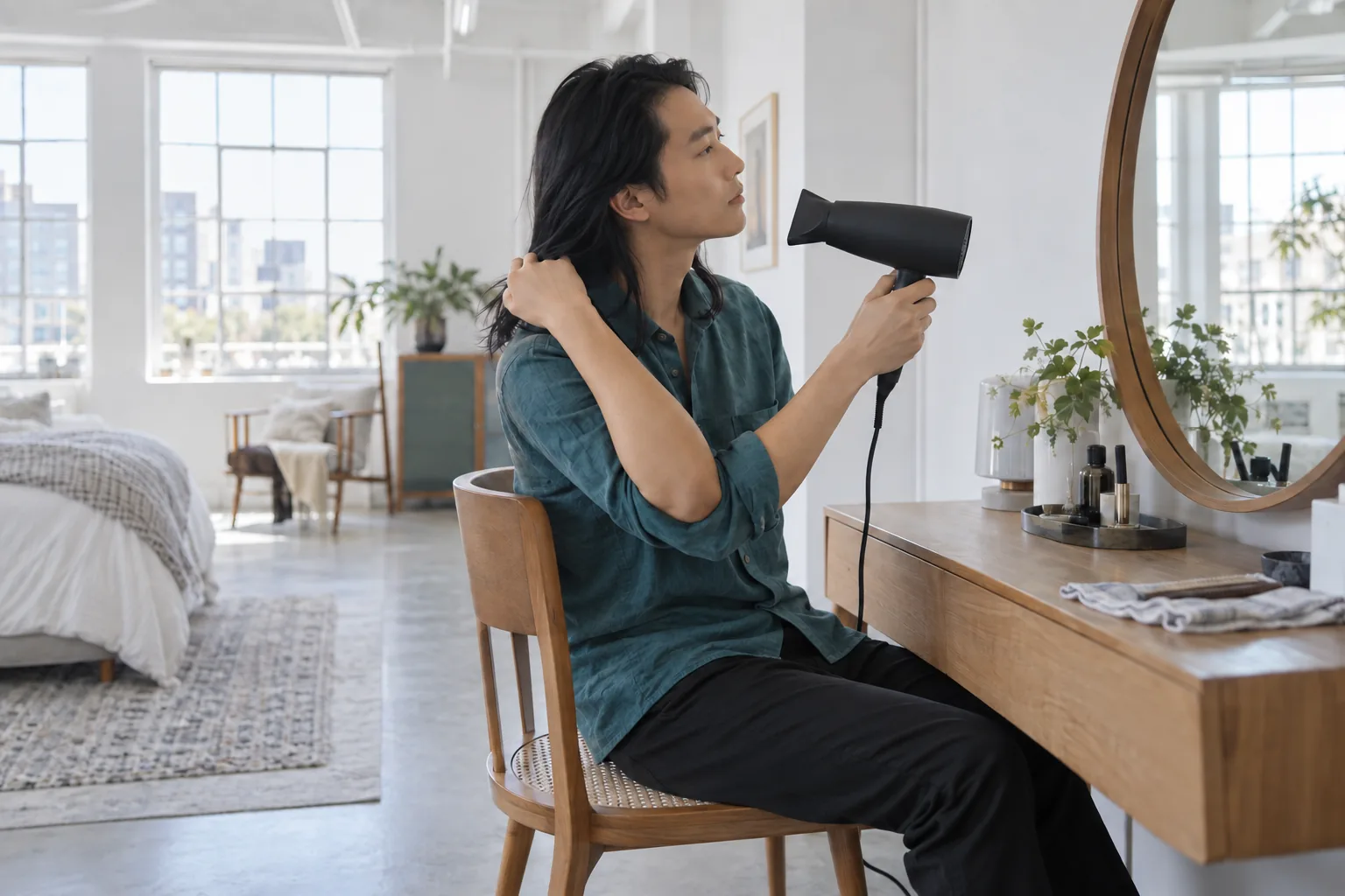 Young adult man with medium-long black hair uses a hair dryer away from the strands at a dry loft dressing table