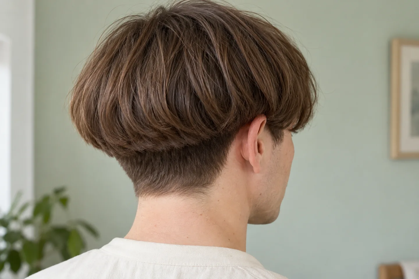 Hintere Dreiviertelansicht eines kastanienbraunen Rundschnitts über einem weich auslaufenden kurzen Nacken mit sichtbarem Ohr