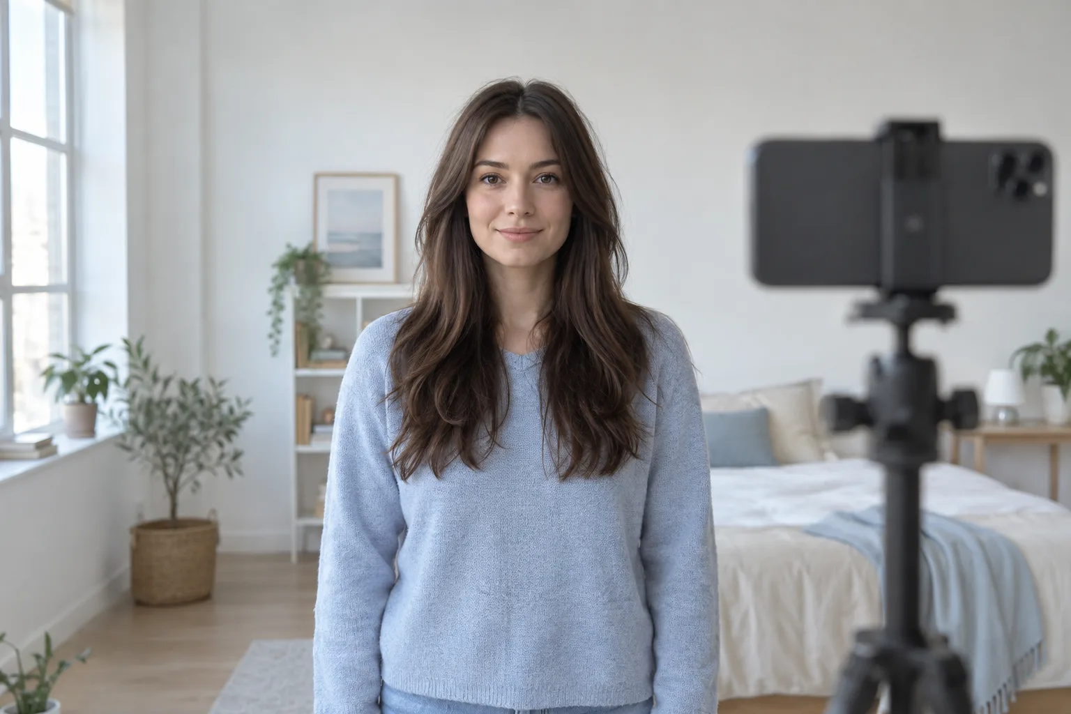 Young adult standing in even apartment daylight in front of an unbranded phone tripod at eye height for a consistent hair photo