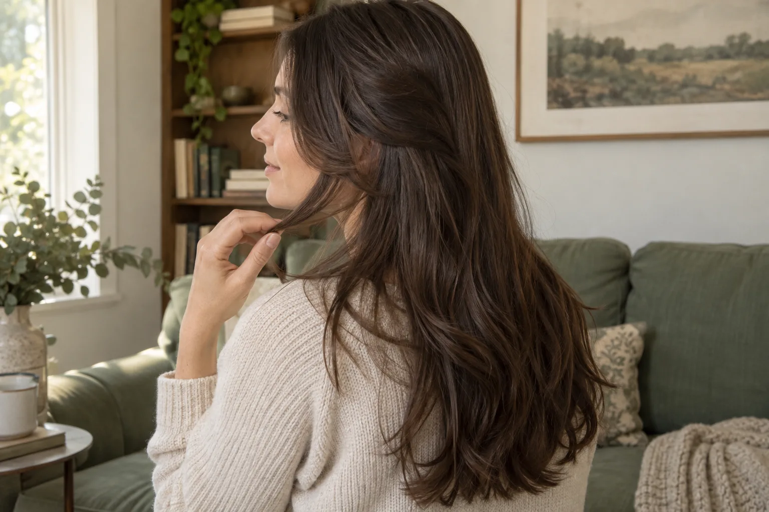 Adult with long brown hair separating a shorter cheek-level front piece from the longer back in a bright reading corner