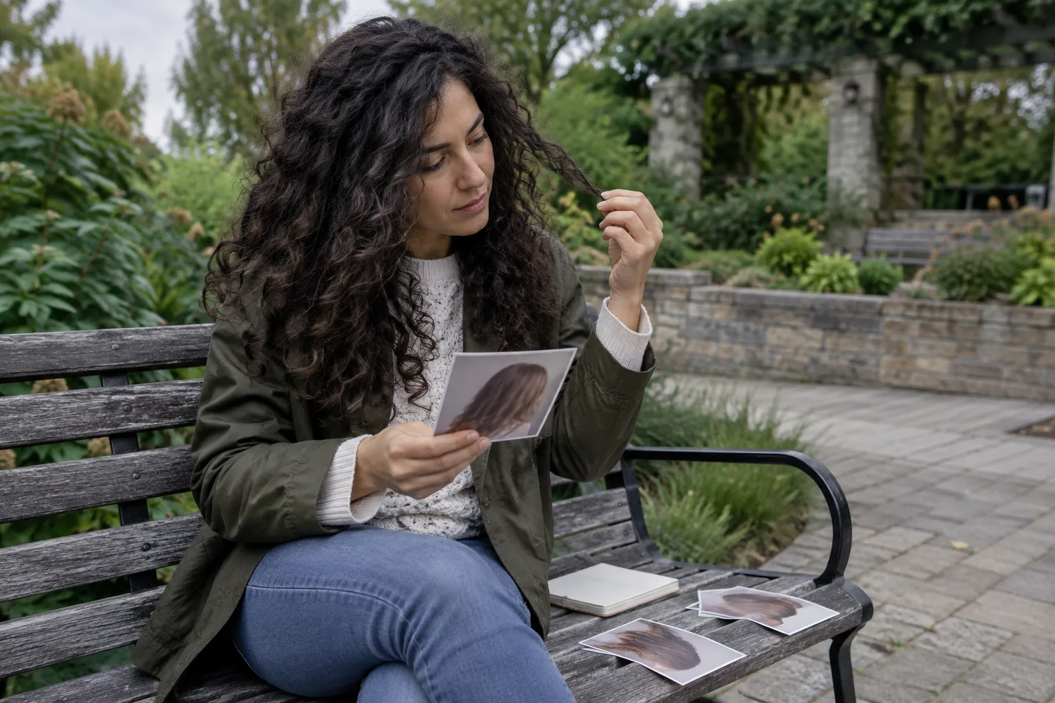 Adult with natural long curls checking how a loose face-framing strand behaves during an ordinary moment on a public garden bench