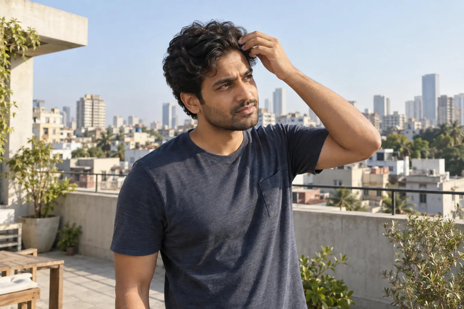 Young man on a sunny rooftop examines his hairline before considering a buzz cut