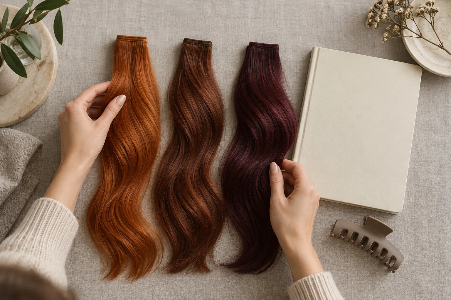 Top-down comparison of bright copper, brown-based auburn, and deep burgundy hair swatches on neutral linen