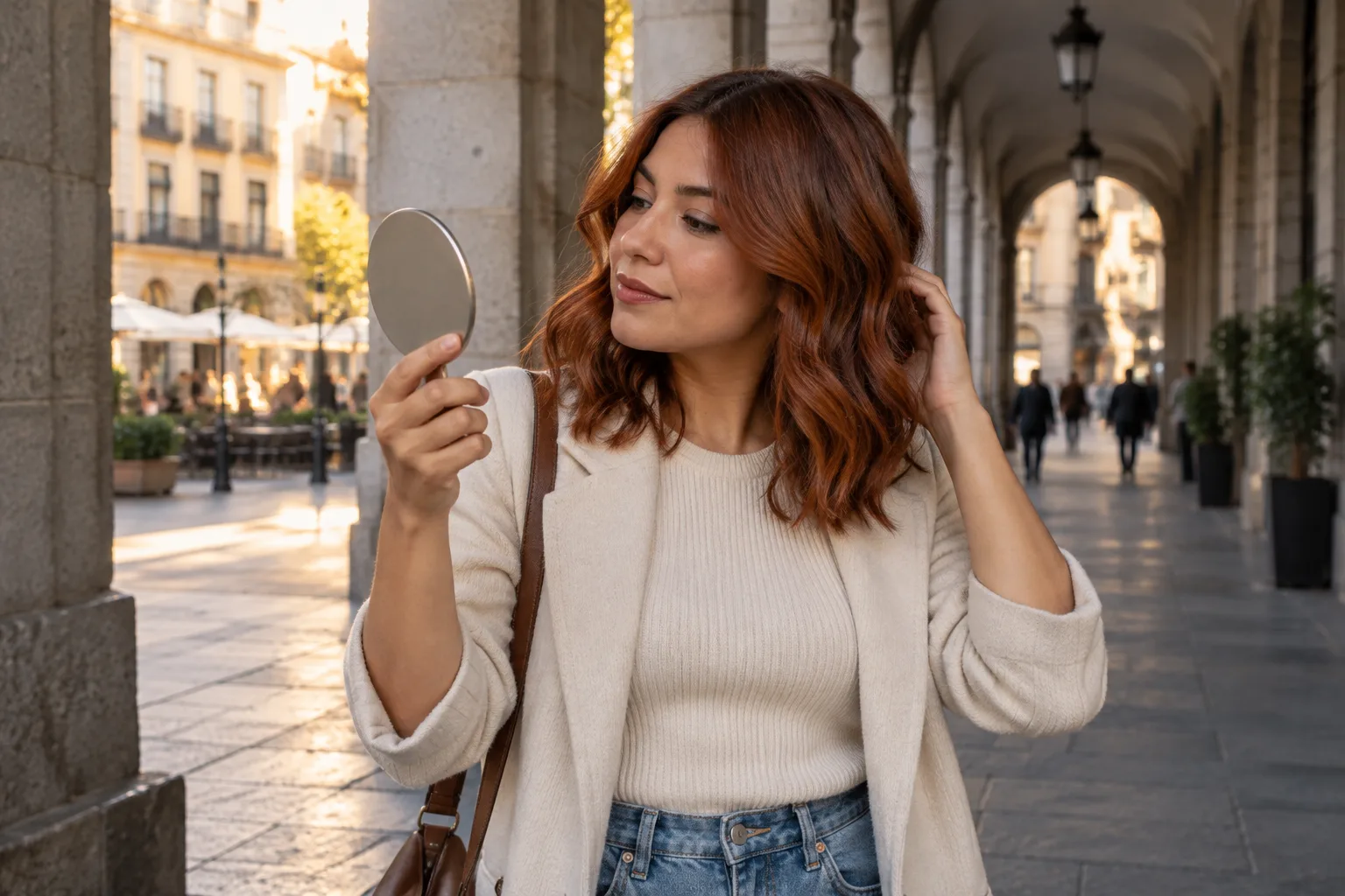 Young woman with copper-auburn waves checking her hair in a hand mirror between warm late sunlight and cool open shade