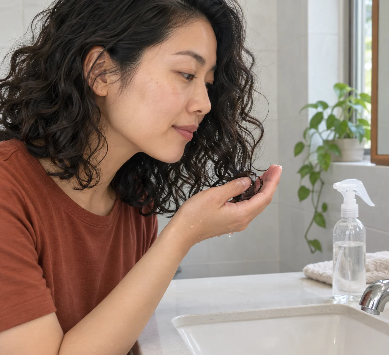 Woman with dark wavy curls cups one section with a damp hand beside a clear water bottle at a washbasin