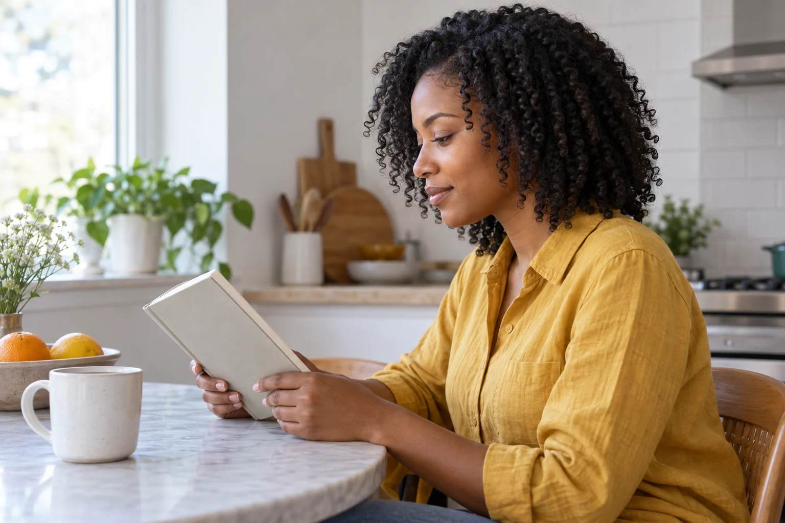 Woman with natural coils keeps her hands on a plain notebook at a kitchen table while her loose curl groups are left alone