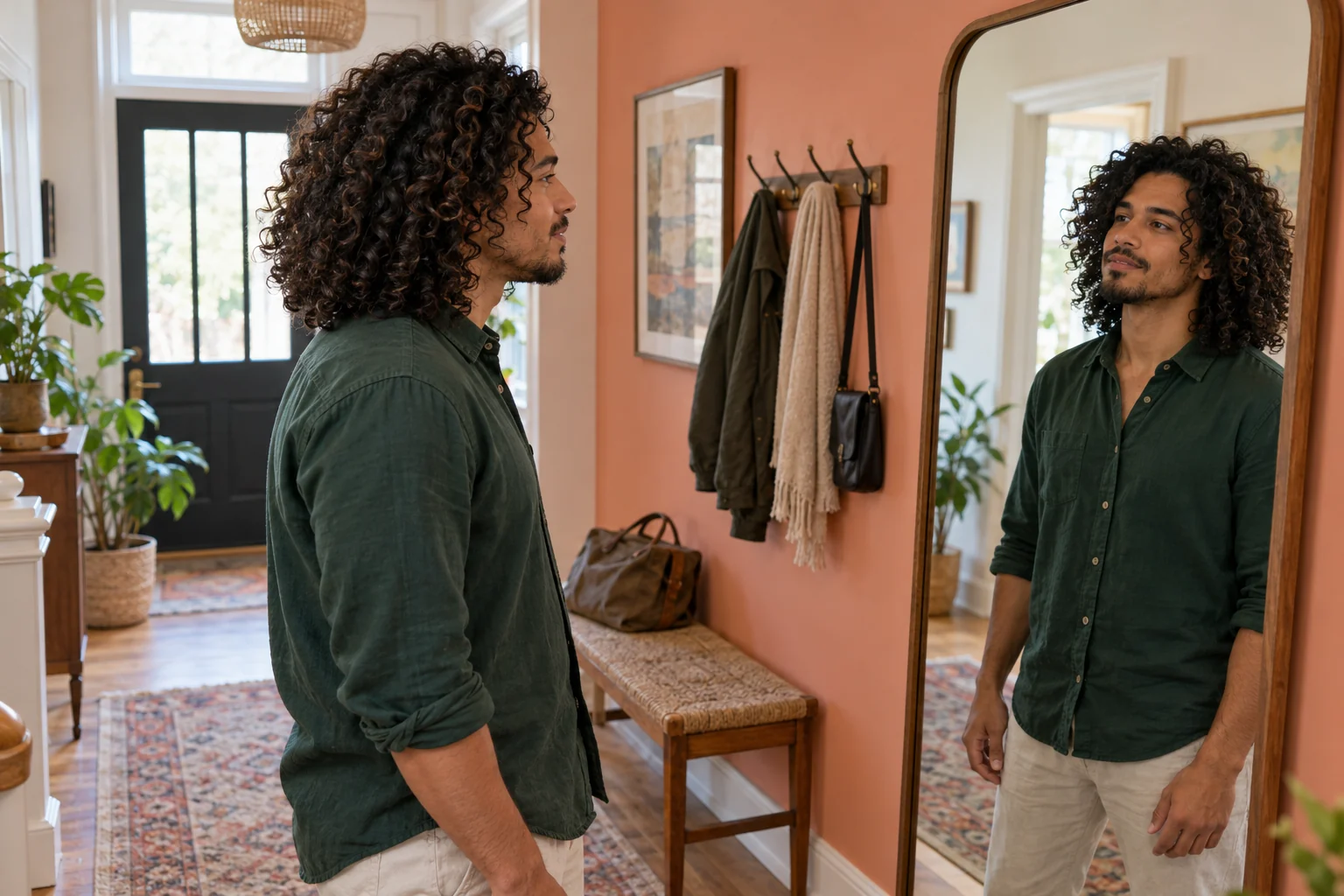 Young adult man with shoulder-length curls checks his dry hair in a hallway mirror with his hands lowered