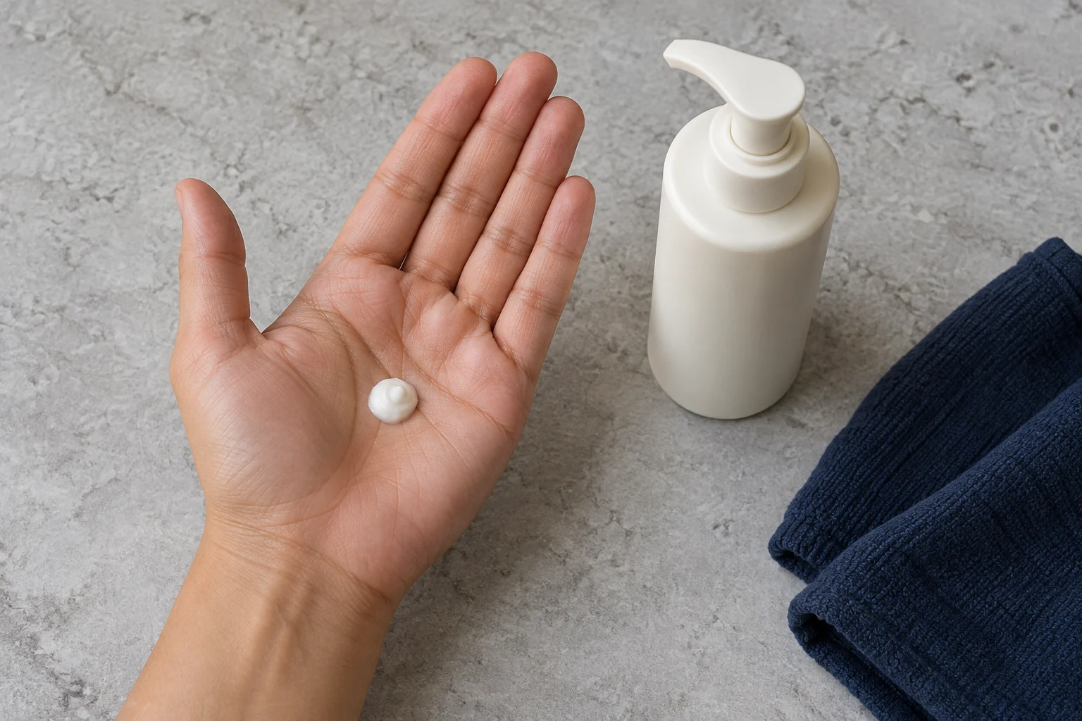 Overhead view of a small white cream amount in an adult palm beside one plain pump bottle and a navy cloth
