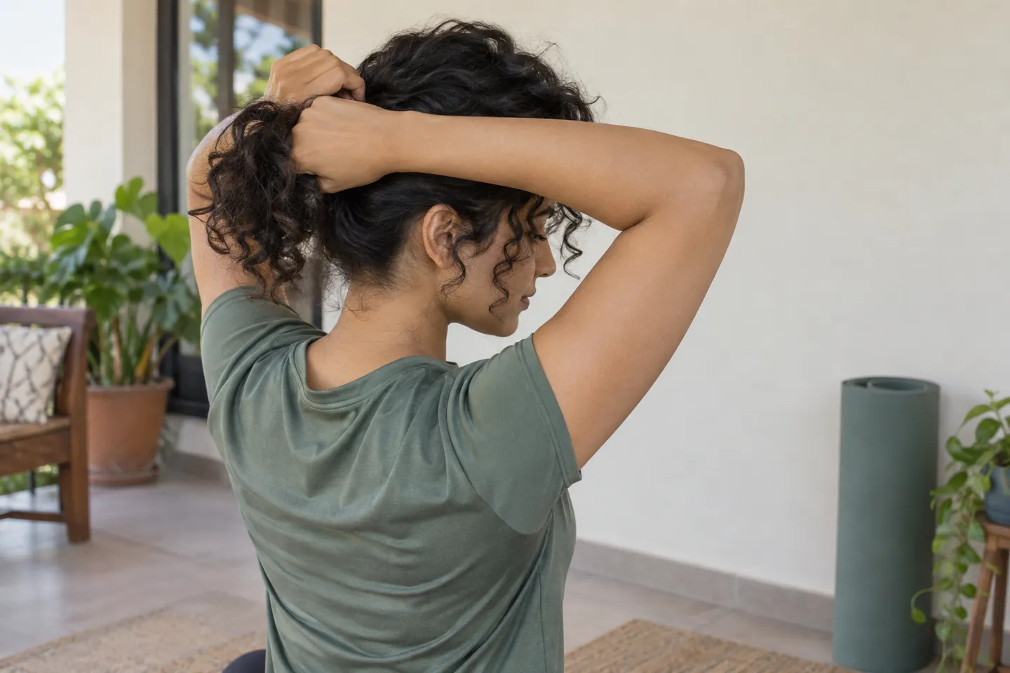 Adulte rassemblant doucement ses boucles jusqu'aux épaules à l'arrière avant le sport, avec des mèches courtes relâchées autour de l'oreille