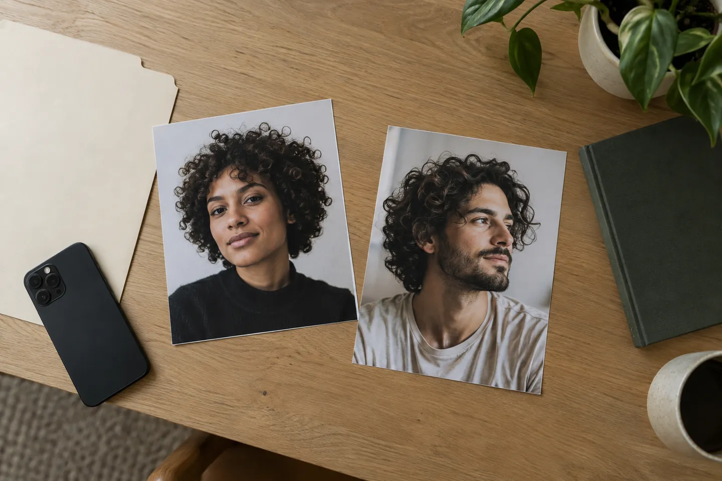Deux portraits d'inspiration imprimés de personnes adultes différentes aux cheveux bouclés, près d'une chemise unie, d'un carnet fermé et d'un téléphone retourné
