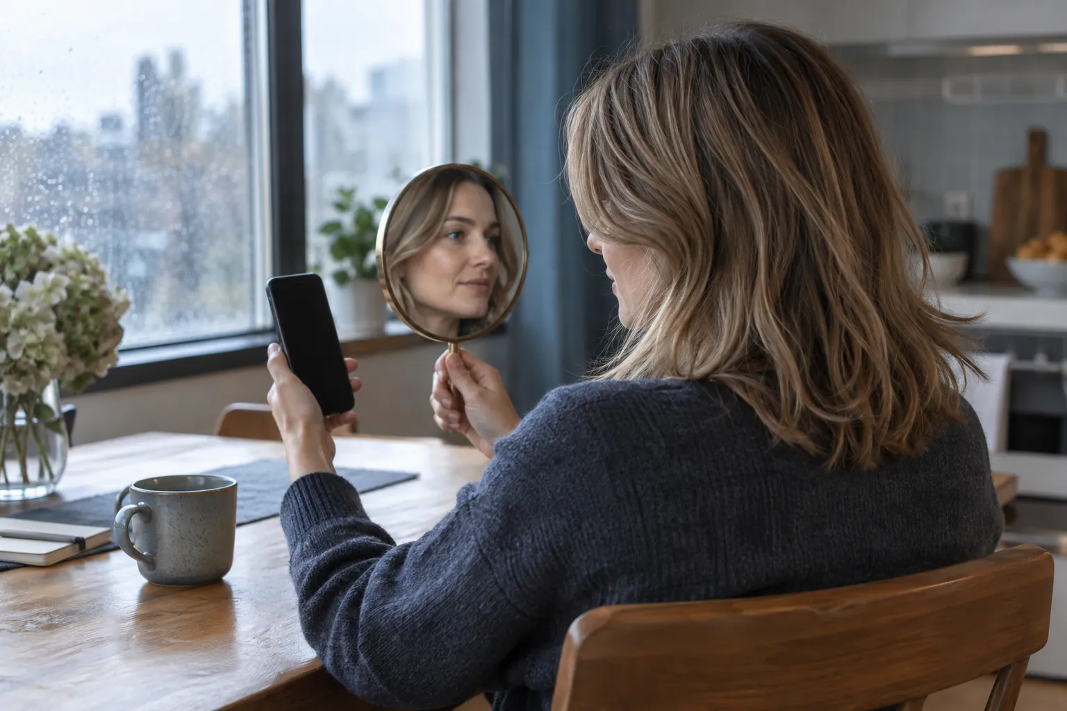 Adulte à une table de cuisine tenant un téléphone à écran sombre et un miroir devant ses cheveux blond foncé