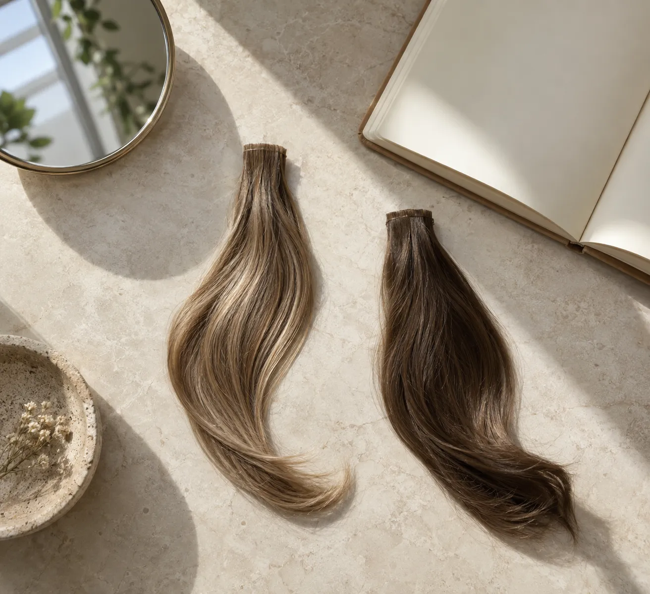 Deux mèches naturelles, l'une blond foncé et l'autre châtain clair, disposées à part sur une table claire