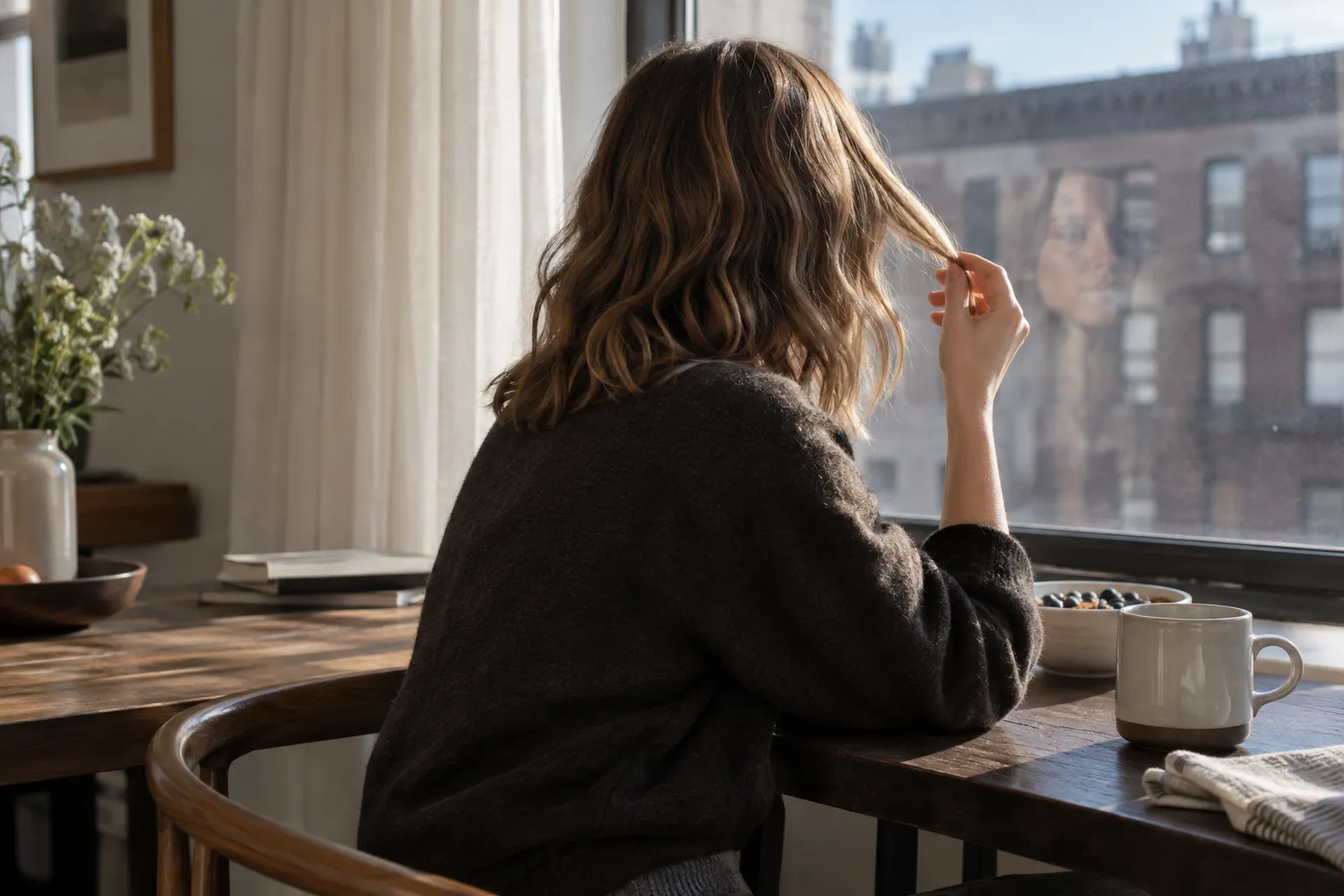 Jeune adulte observe une mèche blond foncé près de la fenêtre de son appartement dans la lumière du matin