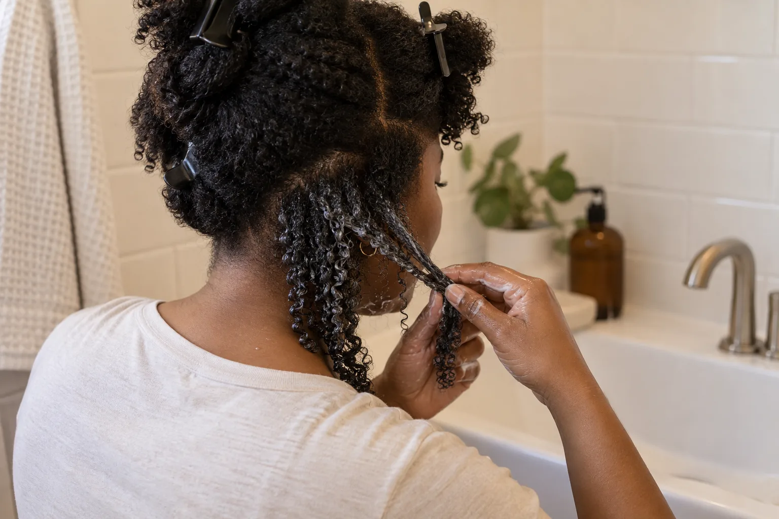 Adult with damp coily hair gently separates a conditioned section with fingers while the remaining hair is loosely clipped apart