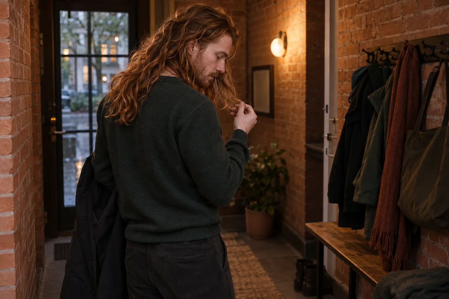 Young adult with long copper waves pauses over a small hair snag in a brick entrance after a windy commute