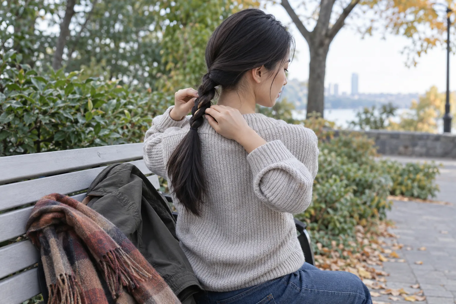 Adult woman forms a loose low braid on an outdoor bench with her wool scarf set aside from the hair