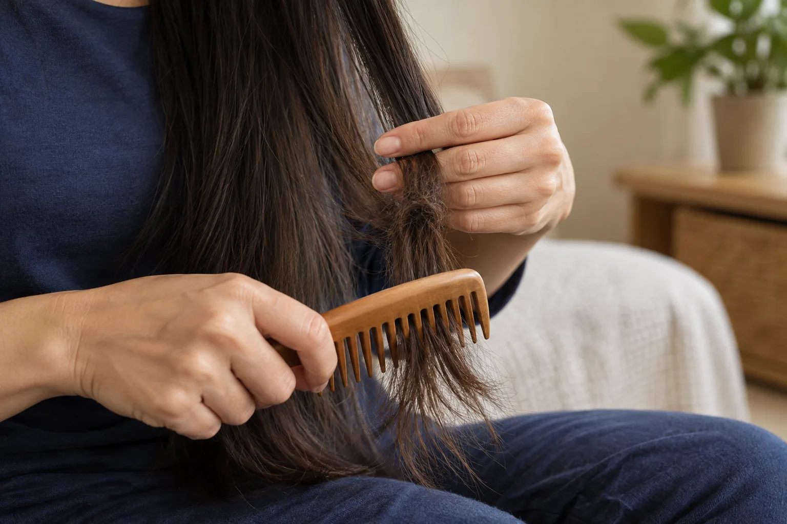 One adult hand supports a small dark hair section while the other guides a wide-tooth comb through its lower ends