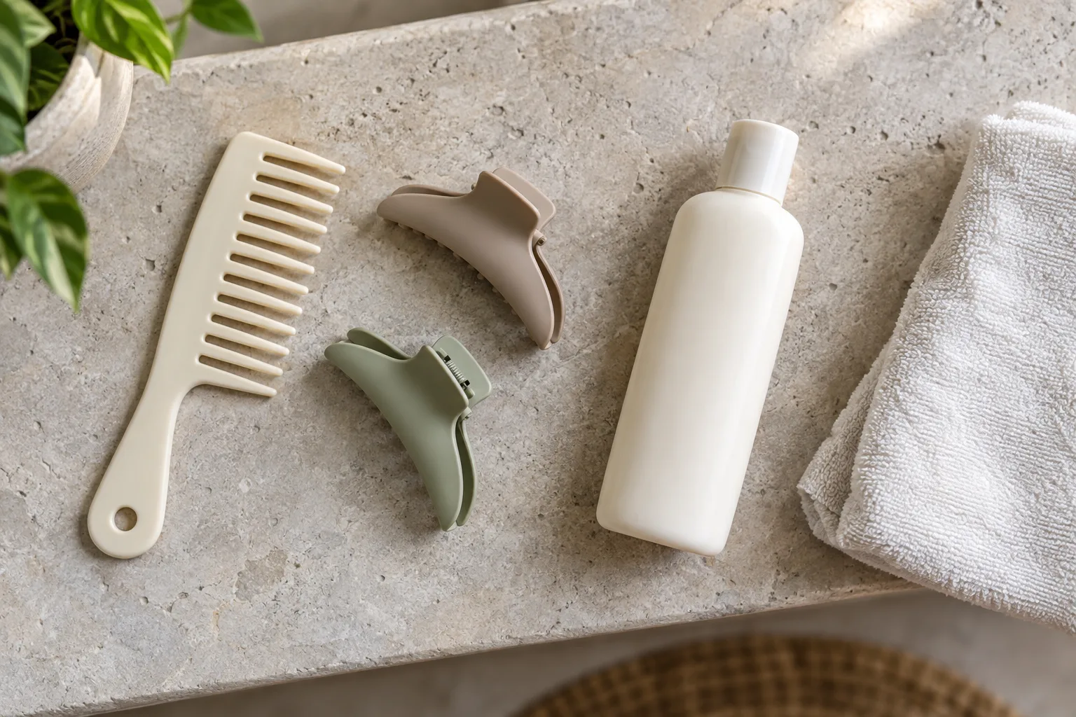 Rounded wide-tooth comb, smooth section clips, cotton towel and an unlabeled conditioner bottle on a pale ledge