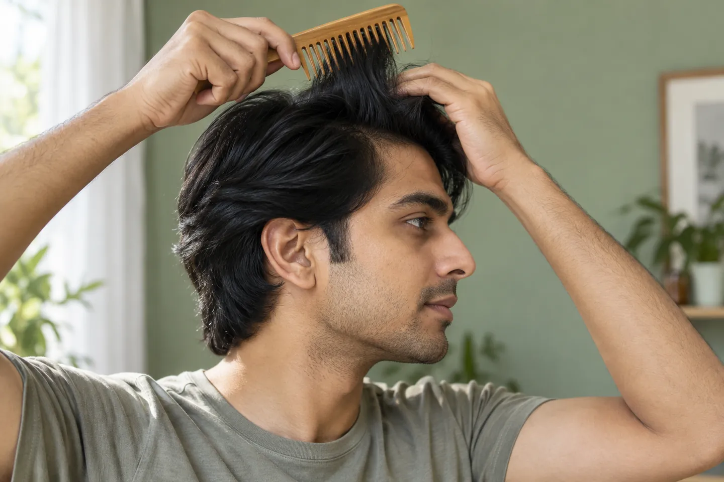 Young man gently combing a lifted section of medium-length dark hair while supporting it with his other hand