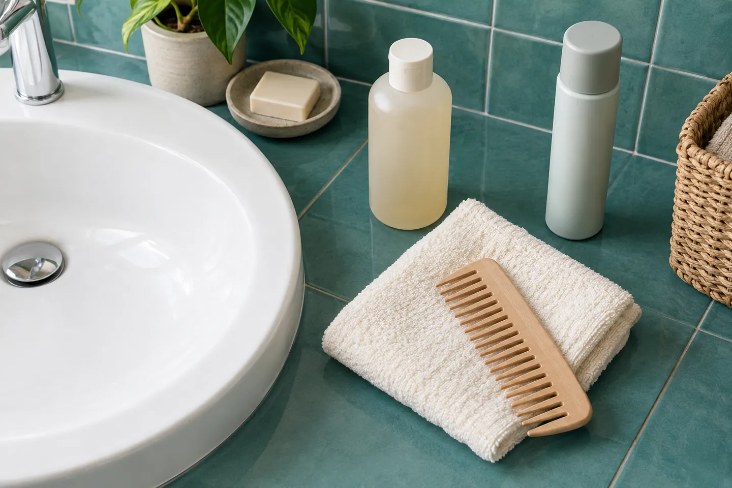 Plain liquid shampoo bottle, folded towel and clean comb beside a dry bathroom basin, with a capped aerosol container standing separately