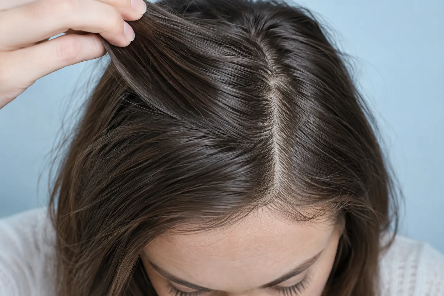 Close overhead view of a hand lifting a narrow section of chestnut hair to expose the roots beside a natural part