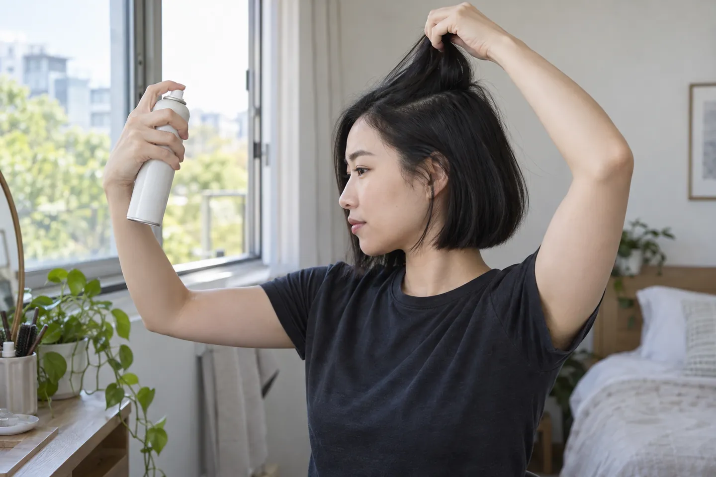 Young woman with a black bob lifting a small crown section while holding a plain aerosol container away from her face near an open window