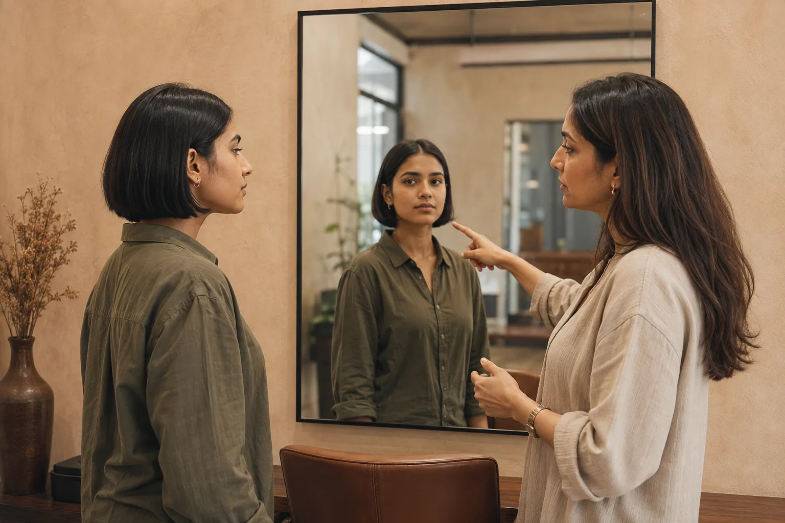 Young South Asian client and stylist discussing the jaw-length perimeter of fine dark hair in a warm salon mirror