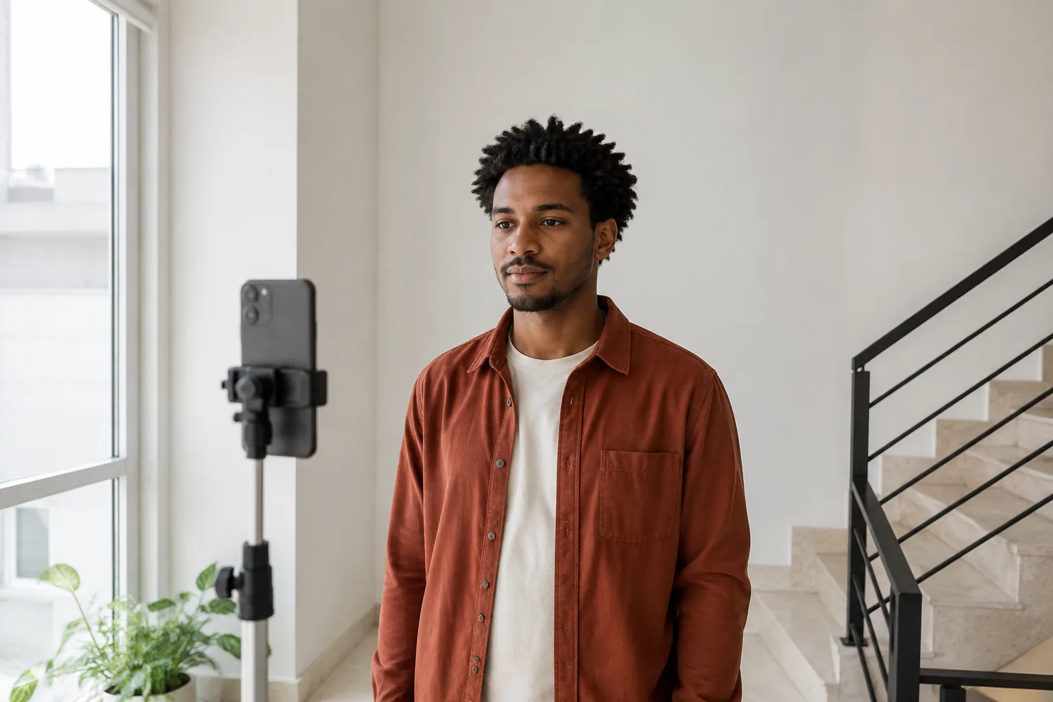Young Black man with fine natural coils standing in even window light in front of a phone on a small tripod