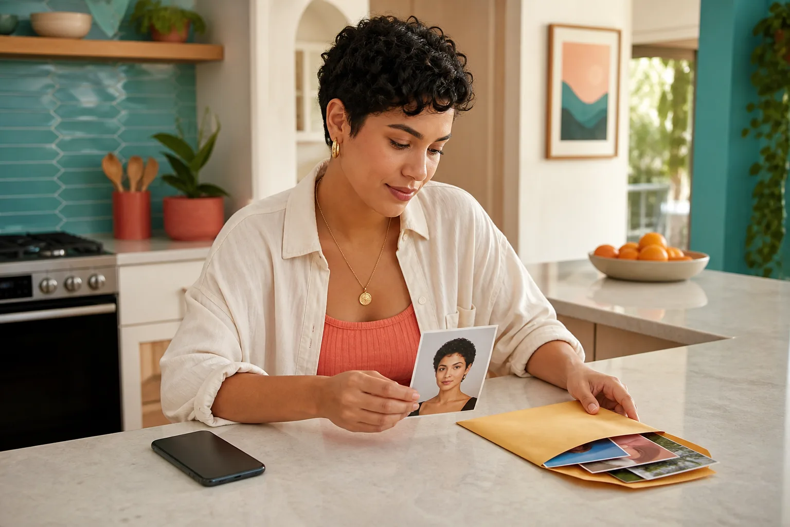 Young woman choosing one neutral headshot while keeping unrelated photos inside an envelope