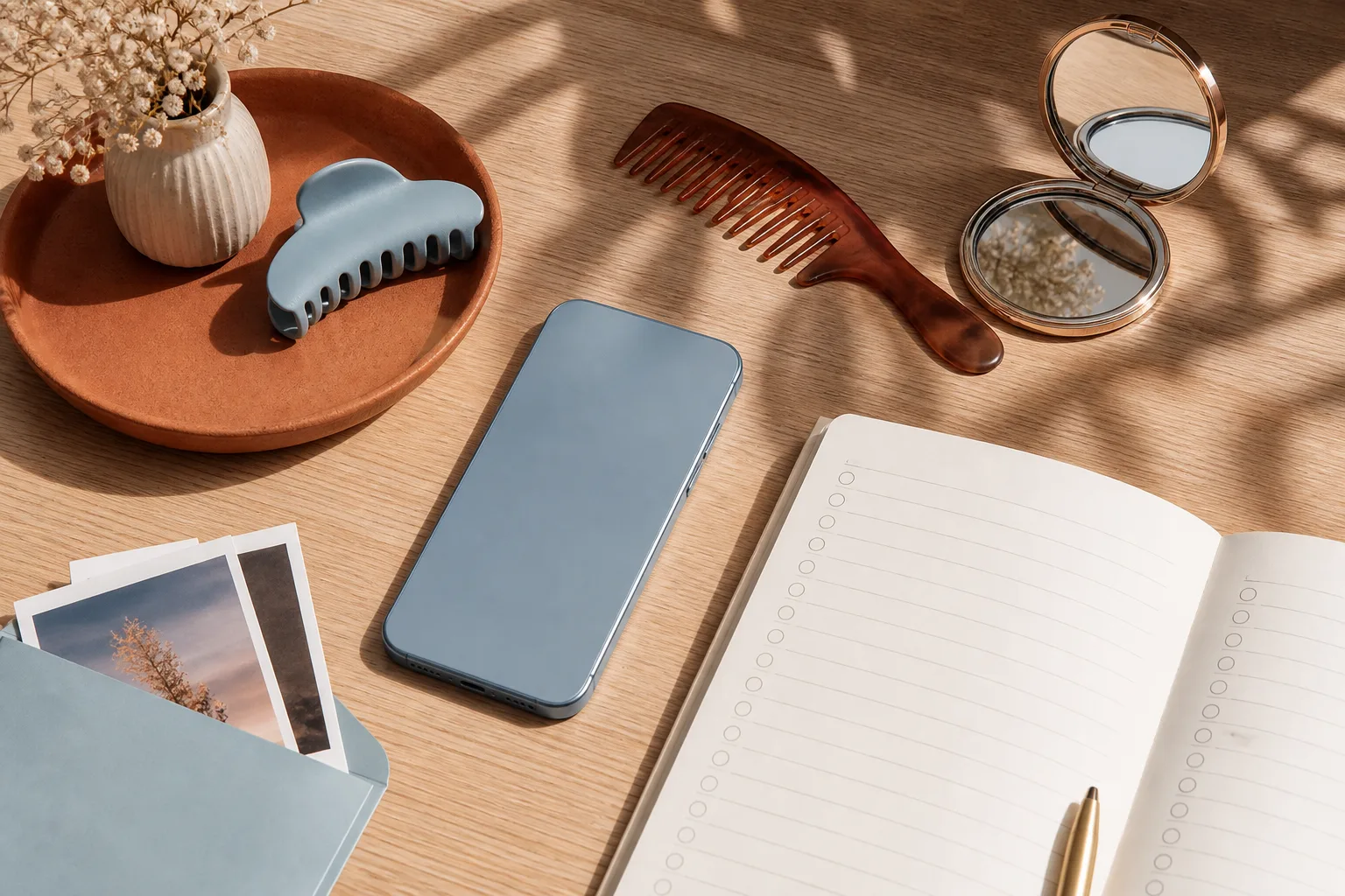 Phone, mirror, comb, photo envelope, and blank privacy checklist arranged on a sunlit table