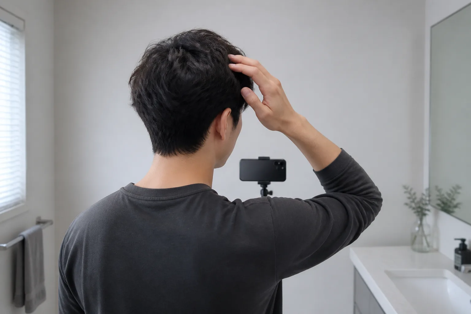 Young man checking a simple bathroom background before taking a hairstyle photo on a tripod