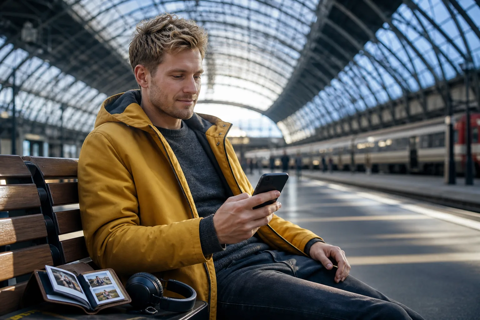 Young man reviewing his phone and personal photo sleeve while waiting at a train station