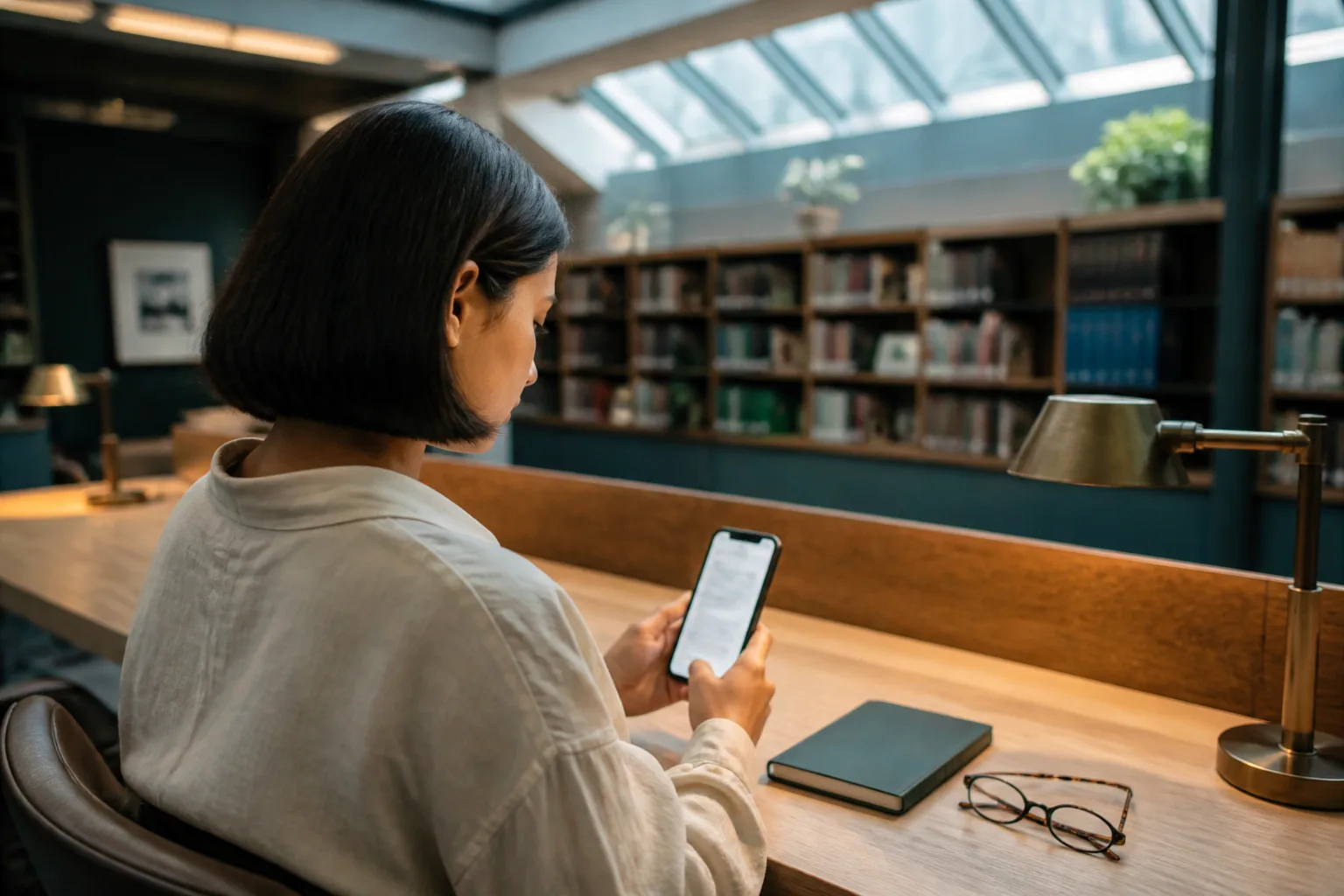 Young woman reading privacy information on a phone at a quiet library desk