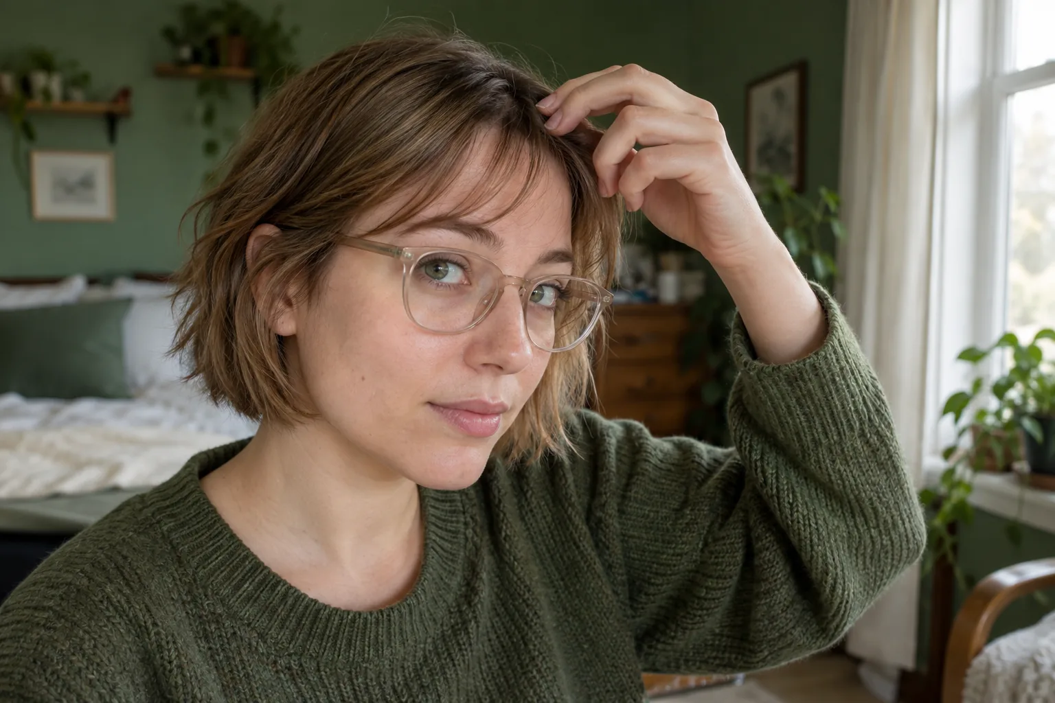 Junge Erwachsene mit kurzem hellbraunem Bob und transparenter Brille prüft mit den Fingern den Abstand des lockeren Ponys zum Brillenrahmen