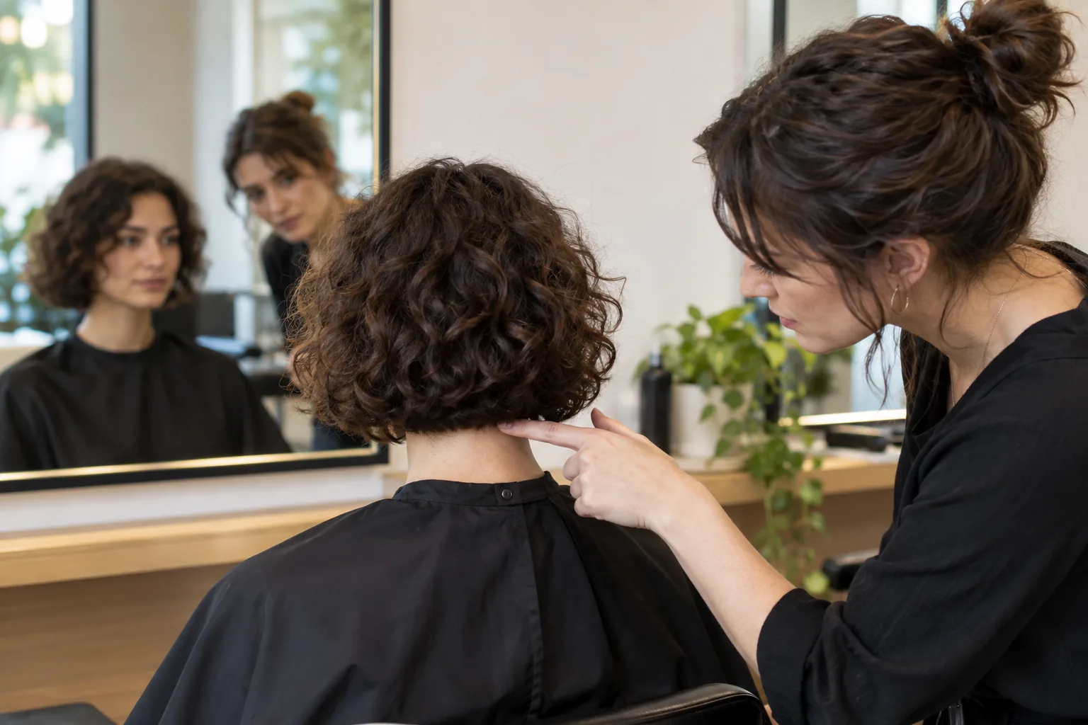 Erwachsene Kundin mit lockigem Haar bespricht mit einer Fachperson vor einem echten Spiegel den gewünschten Endpunkt im Nacken