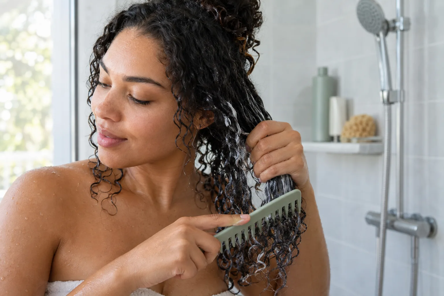 Femme tenant une mèche bouclée couverte d'après-shampoing tout en peignant doucement à partir des pointes